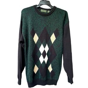 Vintage Croft & Barrow Green Black Cream Argyle Sweater Men XLT Cotton 90s cosby